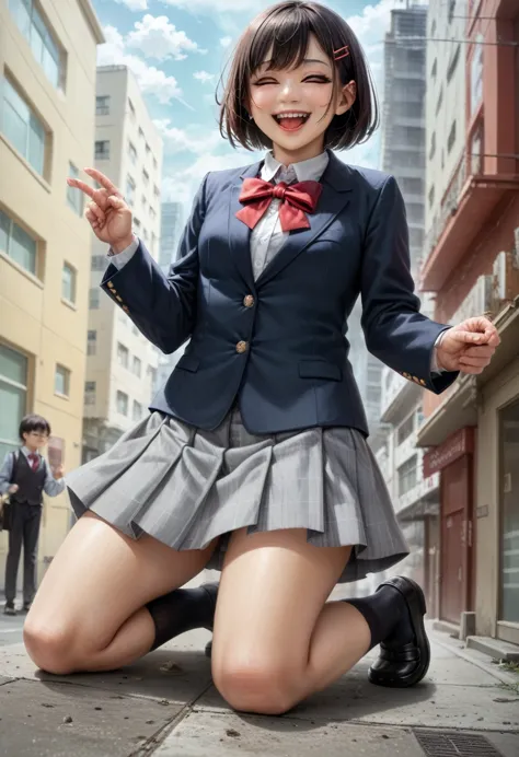 巨大なchild、super giant girl、child、girl、giantess、real、photograph、realistic、japanese women、navy blue blazer、grey skirt、red ribbon、bl...