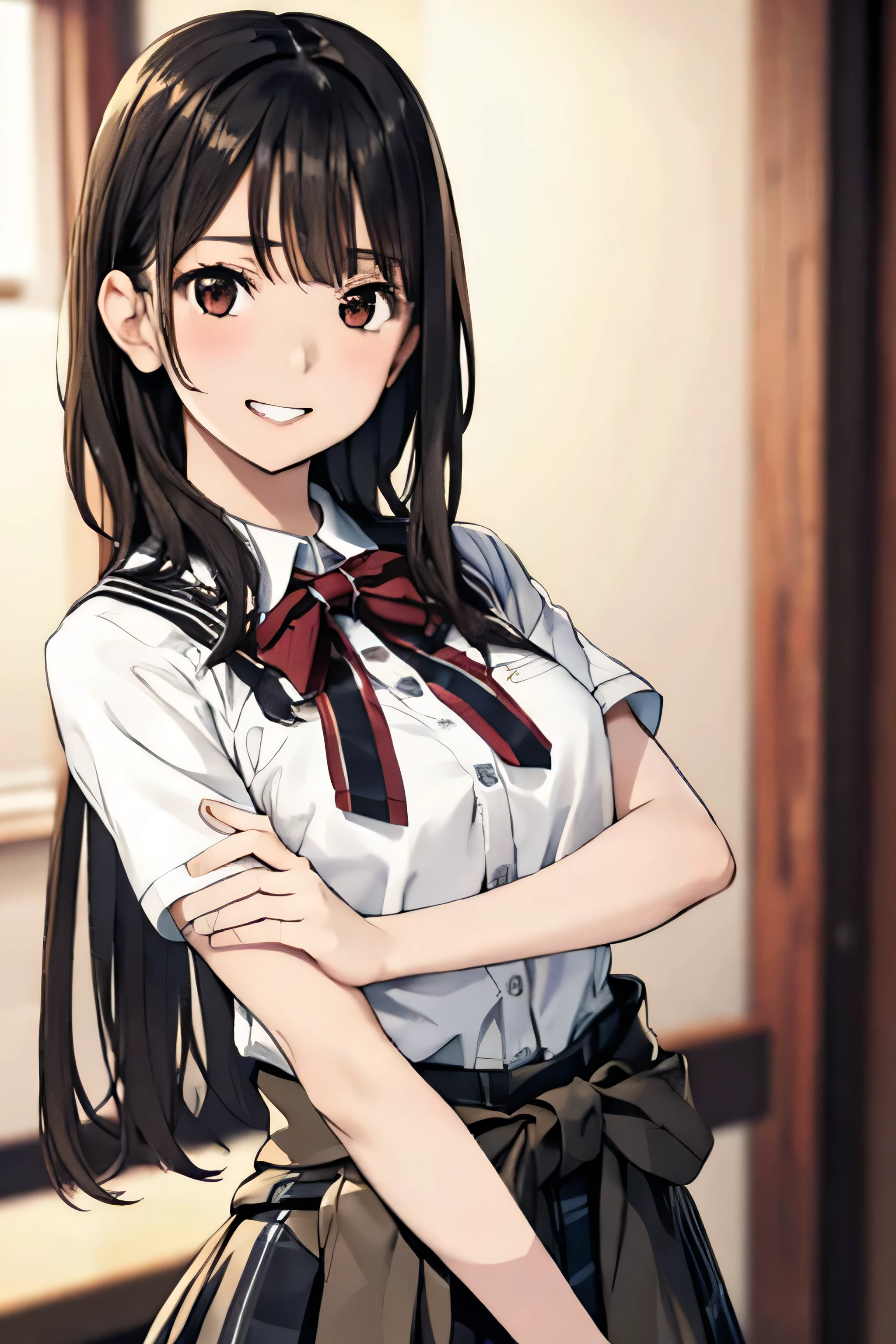 1girl,solo, long straight dark hair, white skin, blush,2000s,masterpiece,ultra-detailed,high resolution,perfect body,detailed long hair,detailed brown eyes, anime, (illustration:1.0), beautiful fingers, beautiful hands, grin, moon face, cinematic lighting, medium breasts, (cleveage:1.3), high school, with tanned skin, wearing a, shorter skirt, Gal, curly hair, Heavy makeup, thin eyebrows, clothes around waist, arms behind back