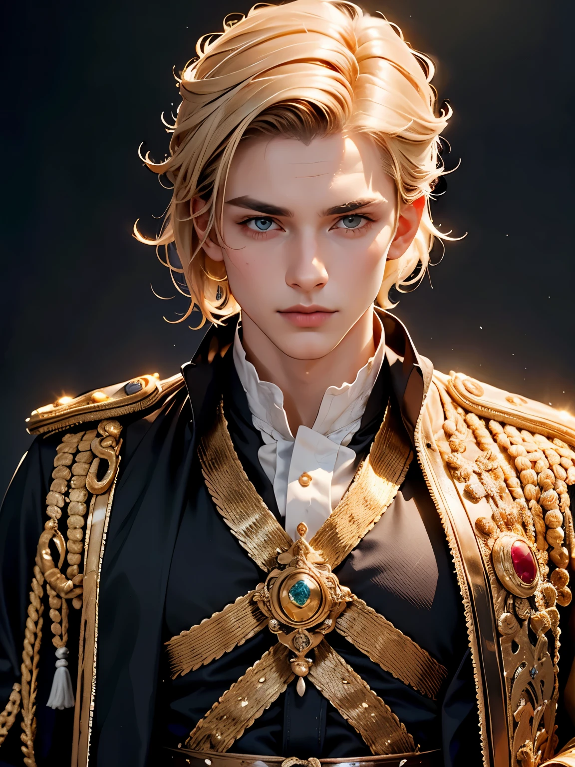 A surprisingly handsome young man - a prince in a black and gold robe . crown on head , sword on the belt! excellent arm and chest muscles ! blonde hair , emerald eyes . very young and cute !expensive sparkling decorations of the crown and his clothes ! masterpiece, high quality, Best quality , very detailed, Ultra detailed, aspect ratio 9x16, marketing cover, impressive visual effects, clean layout, contrasting colors, bold fonts, Sleek design, Stunning graphics, attractive, modern look, eternal appeal, extremely detailed, extremely complex, photorealistic,