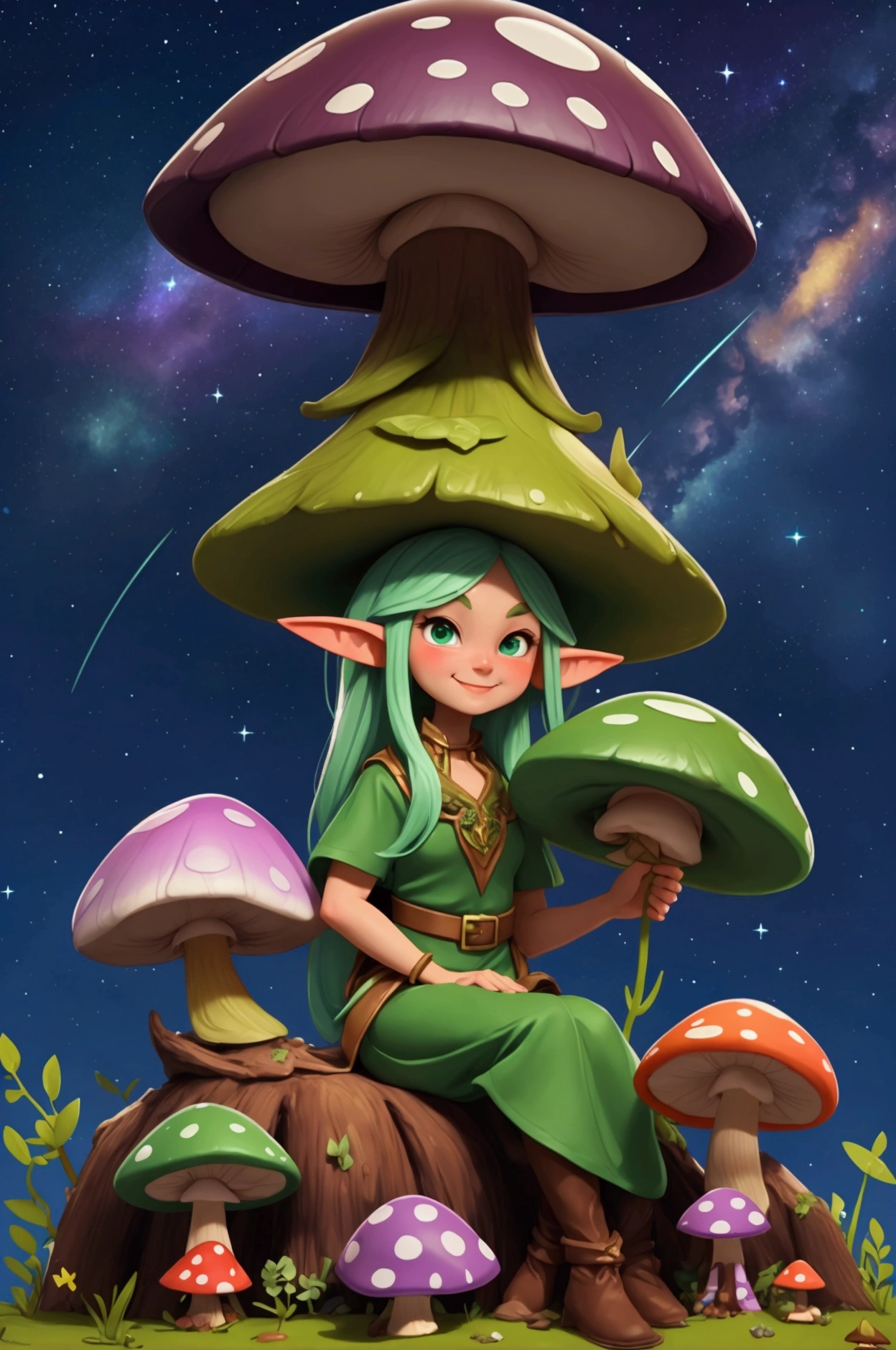 Giant colorful mushrooms, with a pointy-hatted elf sitting underneath. The sky is purple with bright stars. There are fireflies all around, lighting up dinner. The elf has a mischievous smile and wears green clothes.