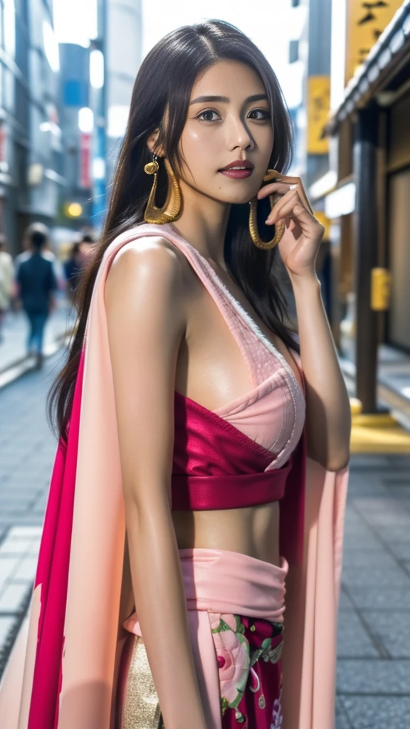 Moisturized Skin、(Pink and bright eyes),(Condescending to people)、Perfect body、
BREAK,
(Beautiful navel),(Side slits),(Epaulettes), cape, Crop top,cape,
BREAK,
(Super long hair),(Large gold curved earrings:1.2),
BREAK,
(((masterpiece+Highest quality+High resolution+Very detailed))),  (whole body:1.2),Symmetrical,One Cut,
BREAK,
(In the streets of Japan:1.3),
BREAK、
（ONE PIECE）、(Kasumi Arimura:1.4),(Boa Hancock:1.3),((Big snake)),Extend your hand towards the camera and point your finger at the camera　Look up at the face