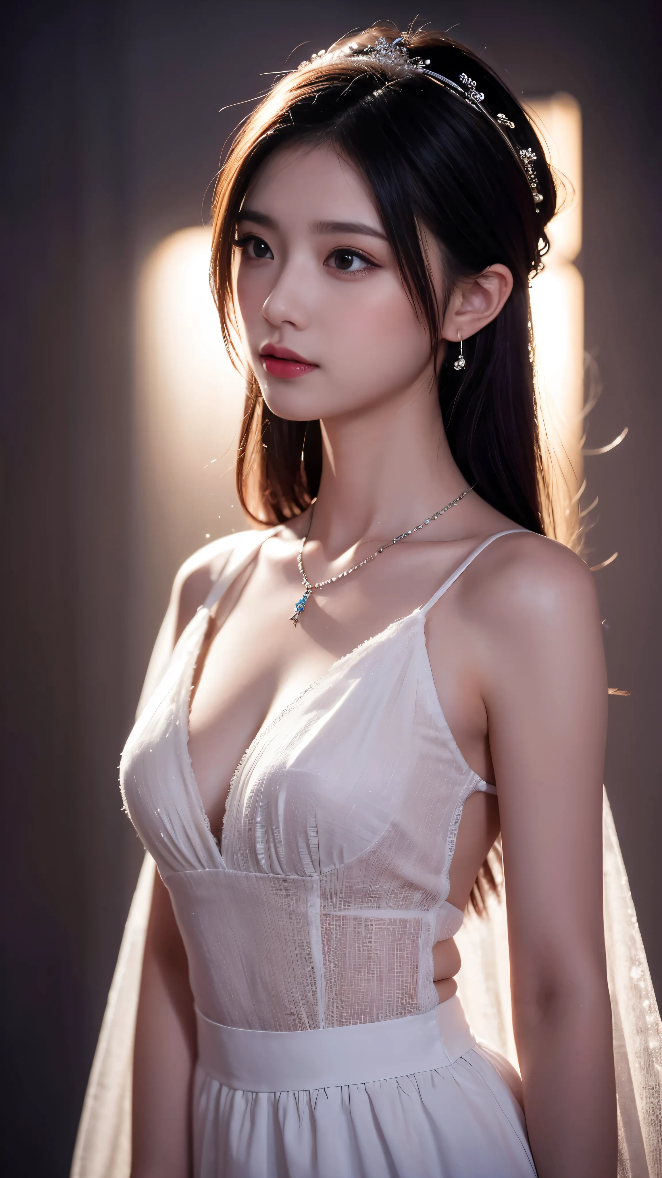 Best quality, masterpiece, high resolution, 1girl, porcelain dress, hair accessories, necklace, jewelry, beautiful face, on the body, Tyndall effect, realistic, dark studio, edge lighting, two-tone lighting, (high detail skin: 1.2), 8k UHD, dslr, soft light, high quality, volumetric light, candid, photo, high resolution, 4k, 8k, background blur,