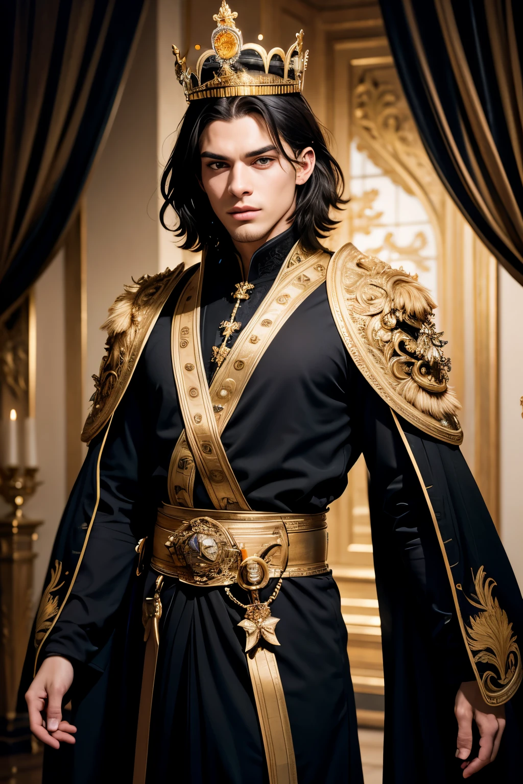 A surprisingly handsome young man - a prince in a black and gold robe . crown on head , sword on the belt! masterpiece, high quality, Best quality , very detailed, Ultra detailed, aspect ratio 9x16, marketing cover, impressive visual effects, clean layout, contrasting colors, bold fonts, Sleek design, Stunning graphics, attractive, modern look, eternal appeal, extremely detailed, extremely complex, photorealistic,