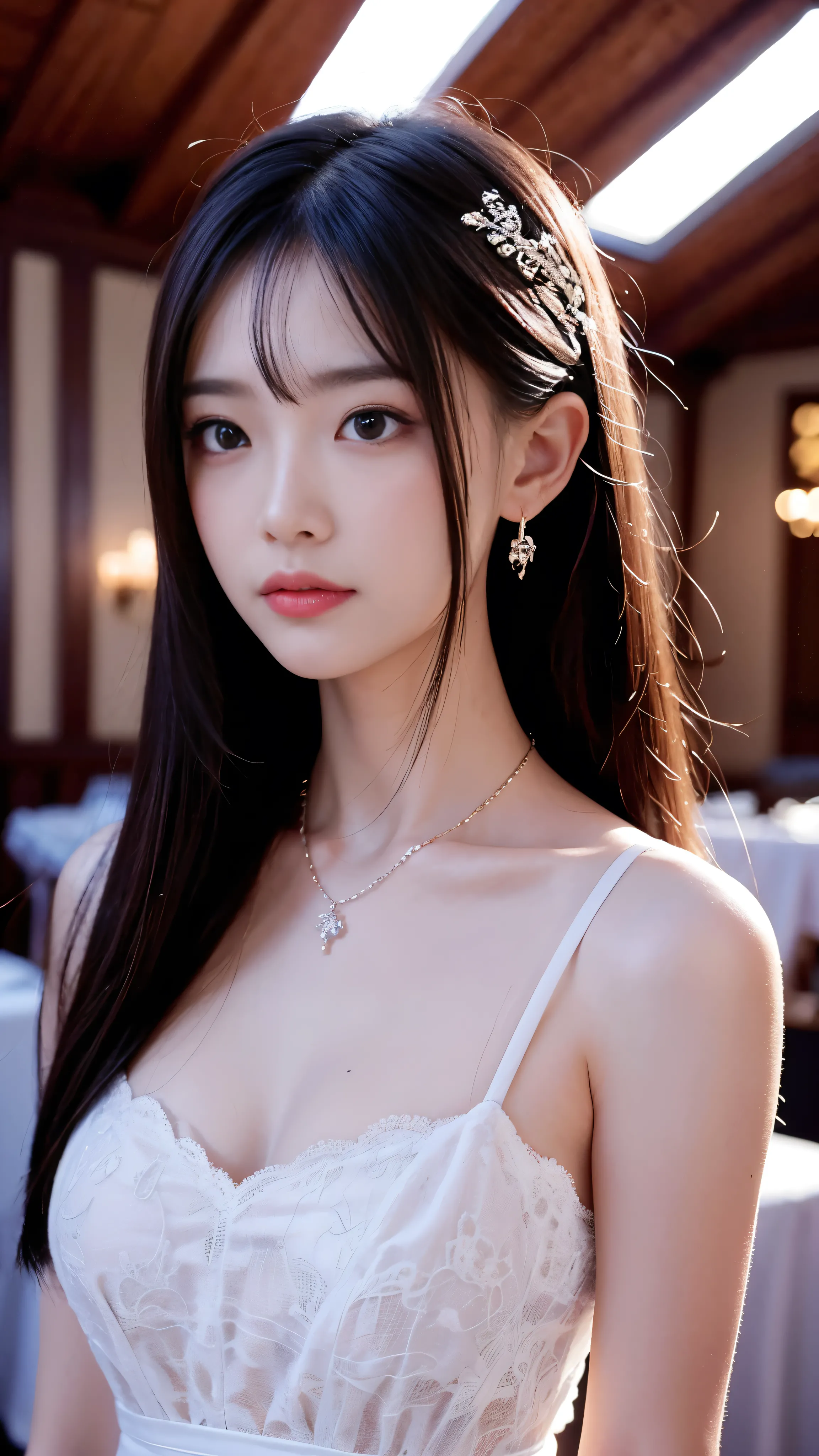 最high quality、masterpiece、High resolution、1 Girl、Crimson Dress、hair accessory、necklace、Red Jewelry、Beautiful Face、On the body、Tyndall effect、Real、Dark studio、Edge lighting、Two-tone lighting、(High detail skin:1.2)、8K  UHD、Digital SLR、Soft Light、high quality、Volumetric Light、Frank、photograph、High resolution、4K、8k、The church interior is the background、Light from stained glass