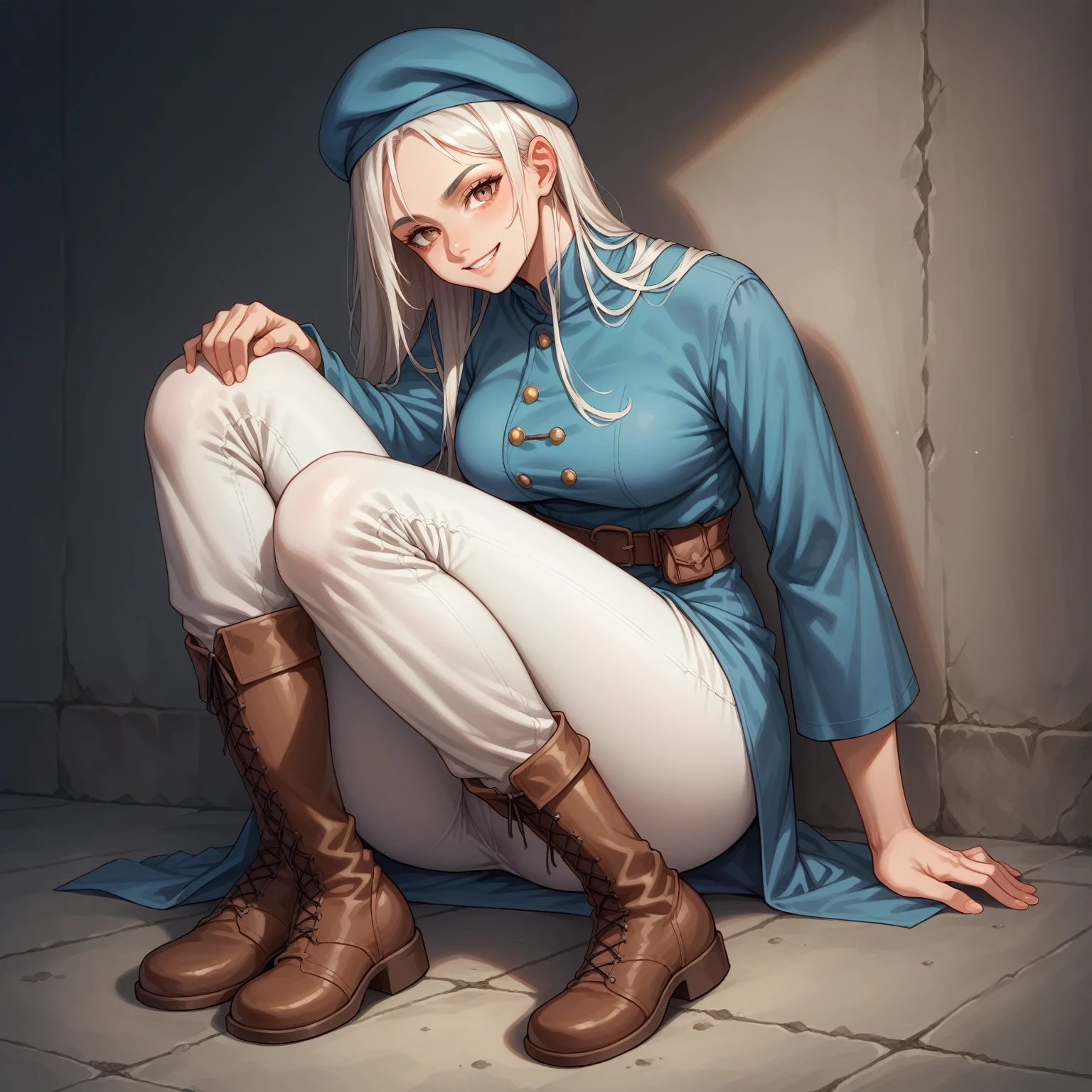 Falin Touden. Falin usually wears a white long-sleeved shirt and white pants., all under a dark blue tunic. She completes her look with knee-high brown boots and a beret that sets her apart.. look at the viewer (masterpiece, high quality: 1.1) smile