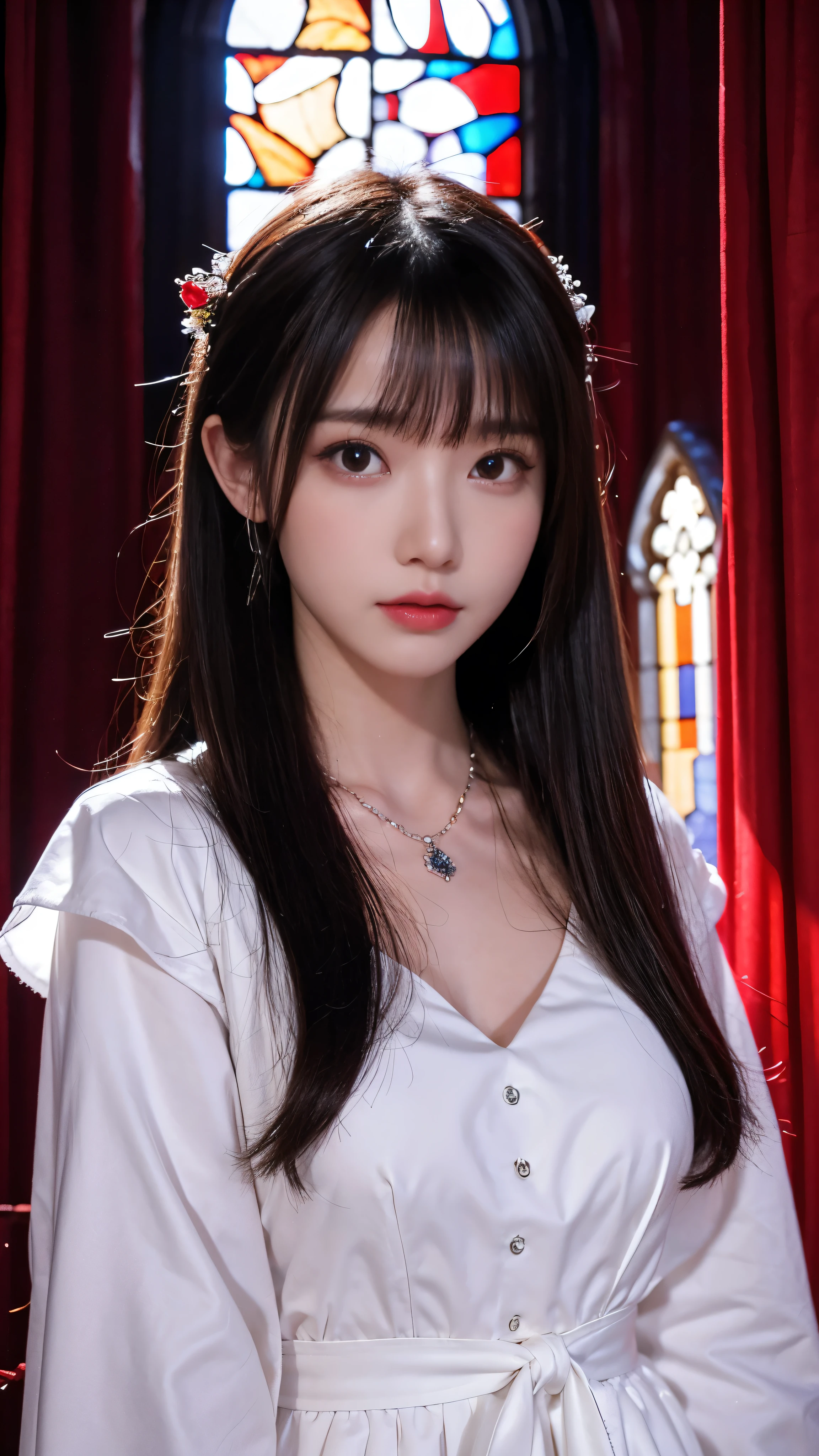 最high quality、masterpiece、High resolution、1 Girl、Crimson Dress、hair accessory、necklace、Red Jewelry、Beautiful Face、On the body、Tyndall effect、Real、Dark studio、Edge lighting、Two-tone lighting、(High detail skin:1.2)、8K  UHD、Digital SLR、Soft Light、high quality、Volumetric Light、Frank、photograph、High resolution、4K、8k、The church interior is the background、Light from stained glass