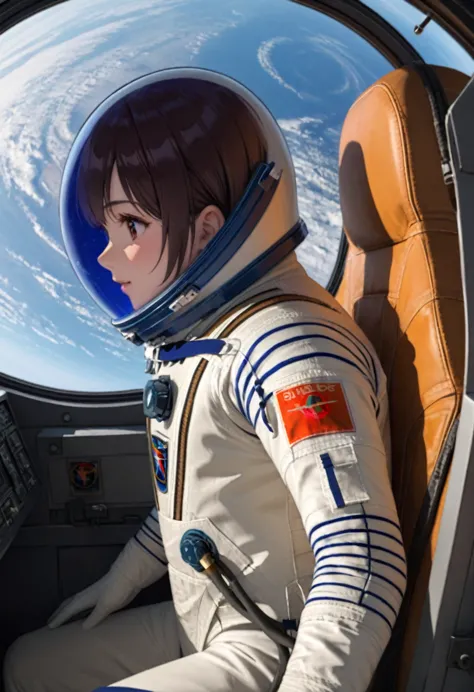 ((female pilot in the cockpit of a reconnaissance plane), (airplane cockpit), (in flight), (10000 feet altitude)、(sky view):1.7)...