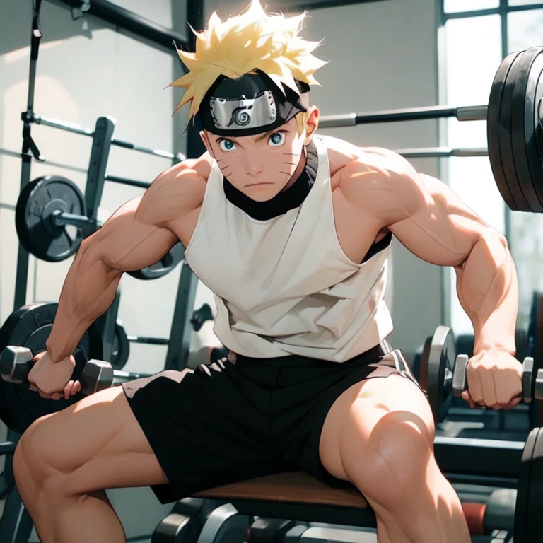 Naruto Namikaze, young male teenager, Exercising intensely in a weight training gym. short hair, blue eyes, blond hair, dumbbells, dumbbells.  