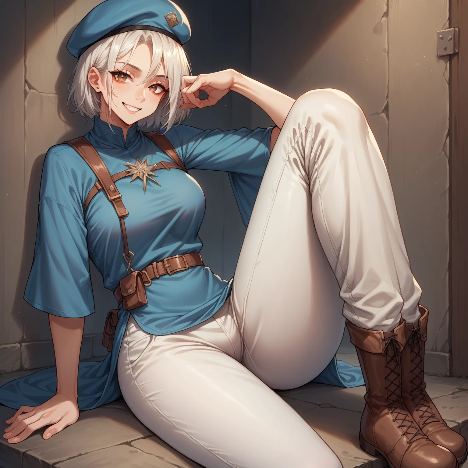 Falin Touden. Falin usually wears a white long-sleeved shirt and white pants., all under a dark blue tunic. She completes her look with knee-high brown boots and a beret that sets her apart.. look at the viewer (masterpiece, high quality: 1.1) smile