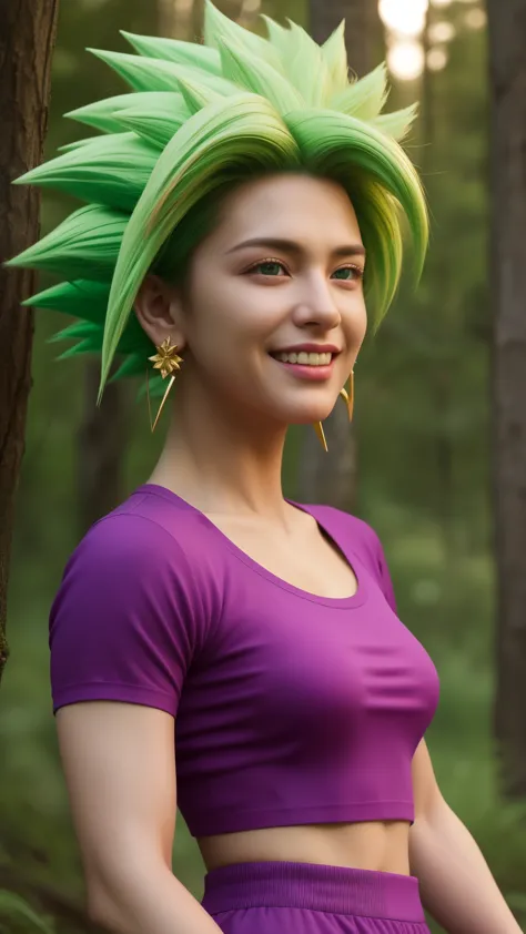 keflassj, 1girl, solo, aqua eyes, green hair, spiked hair, super saiyan, super saiyan 1, green earrings,
midriff, pink top, shor...