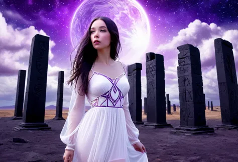 a cute woman (sheer white dress) a strong wind is blowing, she is confused standing among ancient black structures engraved with...