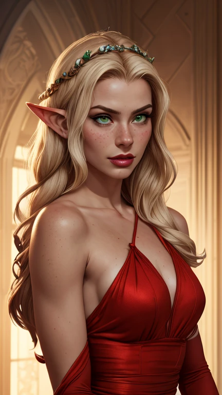 a beautiful slender female elf, exposed breasts, wide red dress, long braided blonde hair, headpieces, pointed ears, emerald green eyes, prominent freckles, thin lips, round face, royal elven palace, palace of flowers, elegant charismatic elven princess, detailed face, detailed anatomy, (best quality,4k,8k,highres,masterpiece:1.2),ultra-detailed,(realistic,photorealistic,photo-realistic:1.37),vibrant colors,dramatic lighting,ornate background