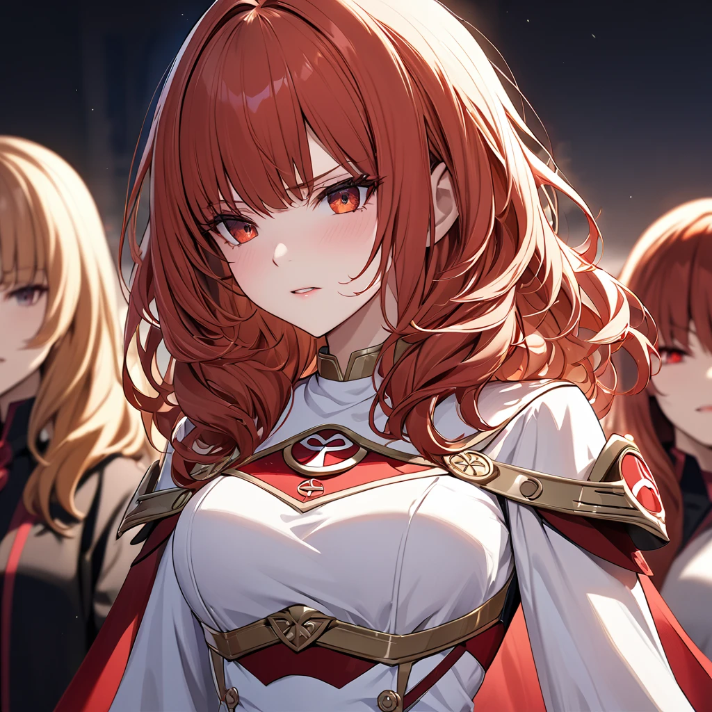 ((Highest quality)), ((masterpiece)), (detailed), （Perfect Face）The woman is a Celica with red hair.、The woman turns evil and becomes a member of an evil organization.