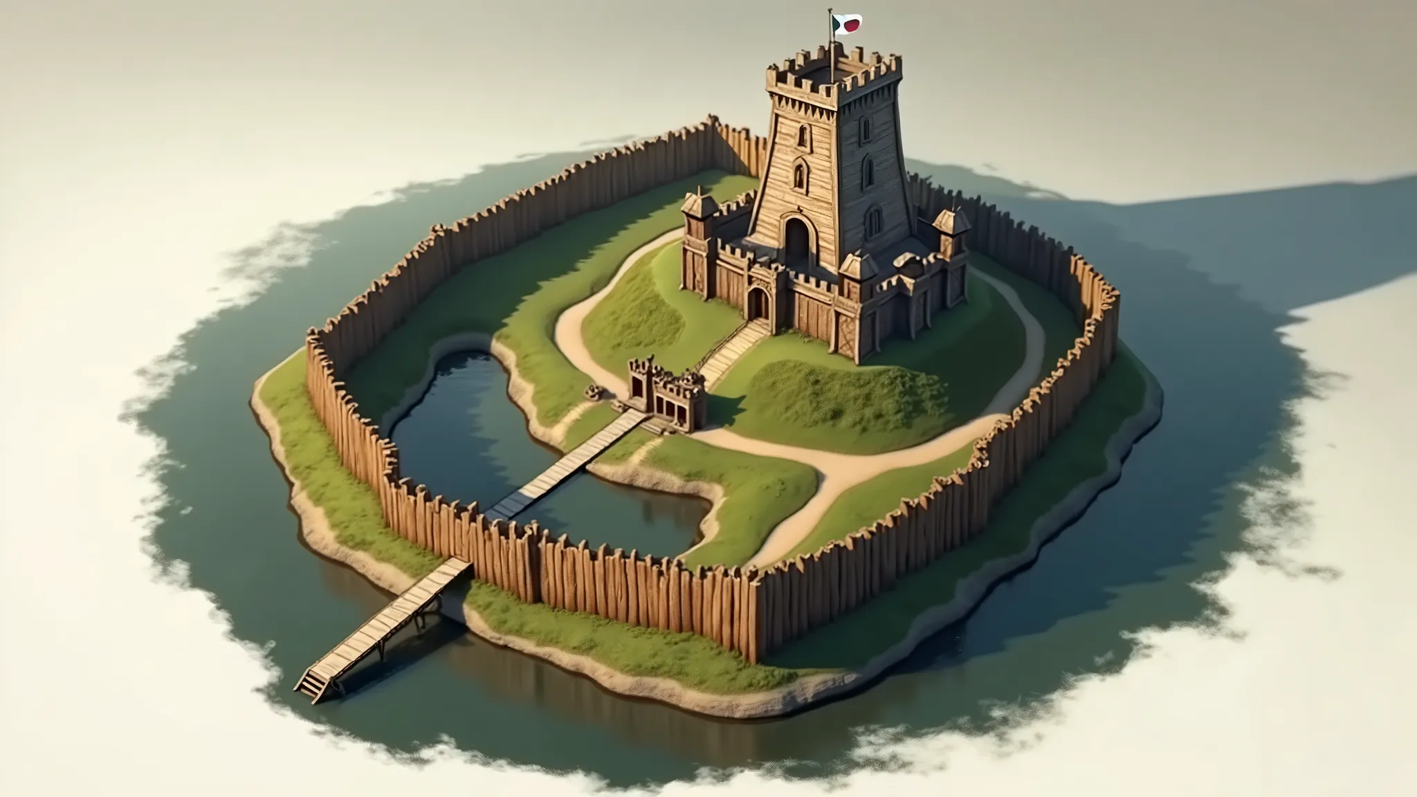 One of the first types of castles, The Motte and Bailey, It consisted of a wooden tower (motte) situated on an artificial hill and a surrounding area (bailey) protected by a palisade and a ditch. Prominent examples include Windsor Castle in England.

