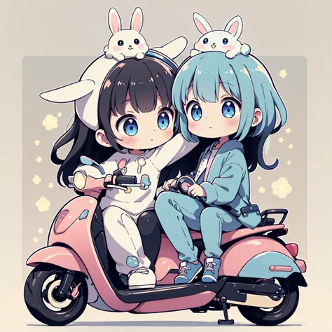 perfect anatomy、highest quality、masterpiece、blue rabbit costume、big goggles on your head、a cute, futuristic scooter in pastel co...