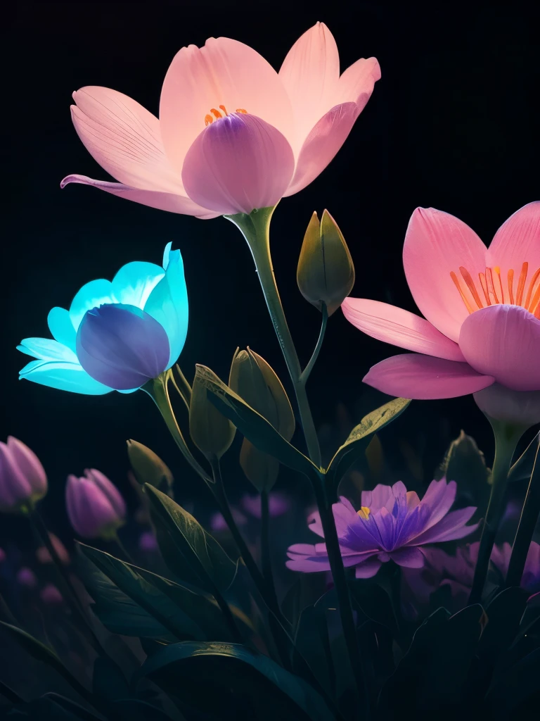 a purple flower with blue and pink flowers on a dark background, 🌺 cgsociety, glowing flowers, blue and pink colors, magical flowers, magical colorful flowers, wow it is beautiful, beautiful!!! digital art, beautiful gorgeous digital art, pink and blue colors, beautiful color art!, beautiful!!!!!!!!!, luminous flowers, glowing neon flowers, beautiful colours, beautiful colors, by Yang J