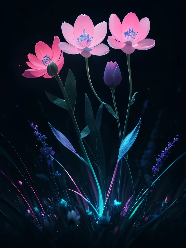 a purple flower with blue and pink flowers on a dark background, 🌺 cgsociety, glowing flowers, blue and pink colors, magical flowers, magical colorful flowers, wow it is beautiful, beautiful!!! digital art, beautiful gorgeous digital art, pink and blue colors, beautiful color art!, beautiful!!!!!!!!!, luminous flowers, glowing neon flowers, beautiful colours, beautiful colors, by Yang J