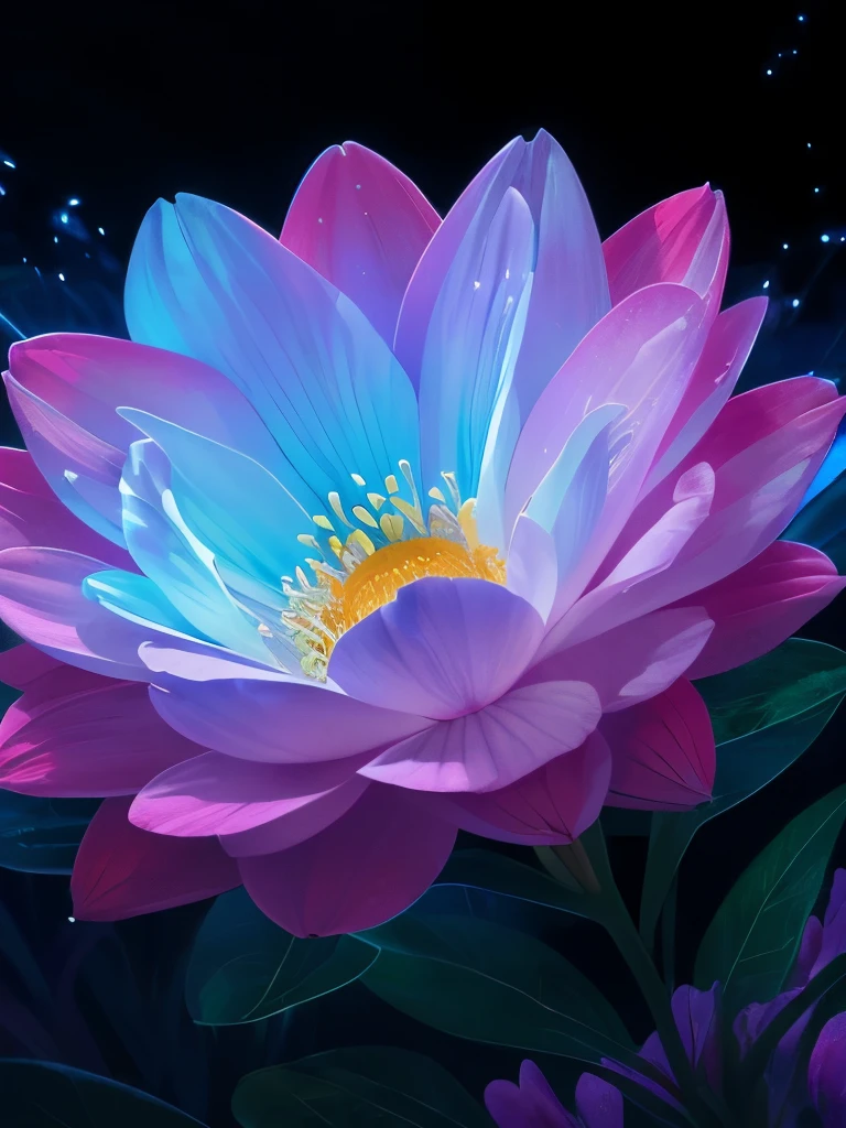 a purple flower with blue and pink flowers on a dark background, 🌺 cgsociety, glowing flowers, blue and pink colors, magical flowers, magical colorful flowers, wow it is beautiful, beautiful!!! digital art, beautiful gorgeous digital art, pink and blue colors, beautiful color art!, beautiful!!!!!!!!!, luminous flowers, glowing neon flowers, beautiful colours, beautiful colors, by Yang J