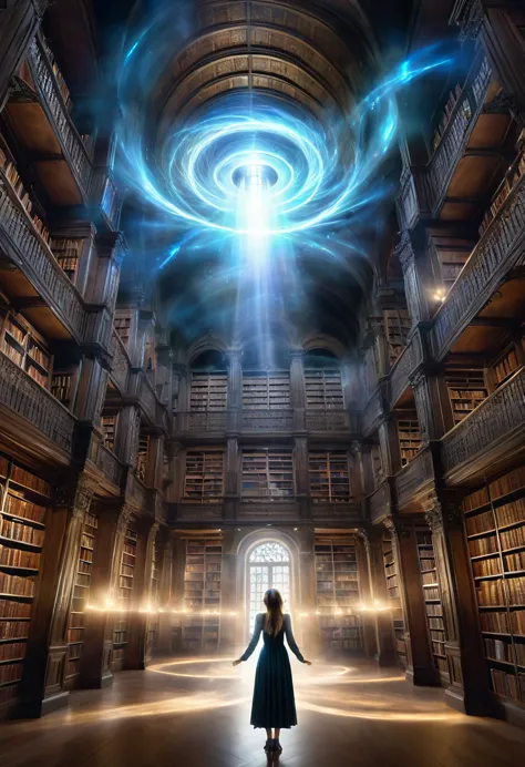 a vast ancient library with towering bookshelves, filled with books and books flying around. in the center of this vast space is...