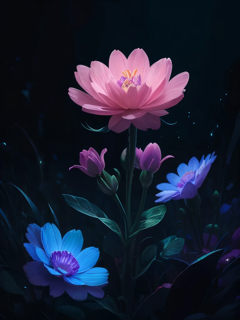 a purple flower with blue and pink flowers on a dark background, 🌺 cgsociety, glowing flowers, blue and pink colors, magical flowers, magical colorful flowers, wow it is beautiful, beautiful!!! digital art, beautiful gorgeous digital art, pink and blue colors, beautiful color art!, beautiful!!!!!!!!!, luminous flowers, glowing neon flowers, beautiful colours, beautiful colors, by Yang J