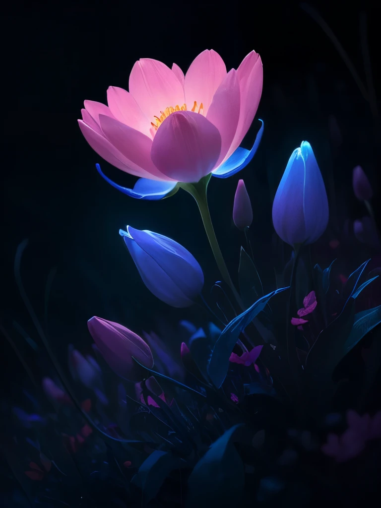 a purple flower with blue and pink flowers on a dark background, 🌺 cgsociety, glowing flowers, blue and pink colors, magical flowers, magical colorful flowers, wow it is beautiful, beautiful!!! digital art, beautiful gorgeous digital art, pink and blue colors, beautiful color art!, beautiful!!!!!!!!!, luminous flowers, glowing neon flowers, beautiful colours, beautiful colors, by Yang J