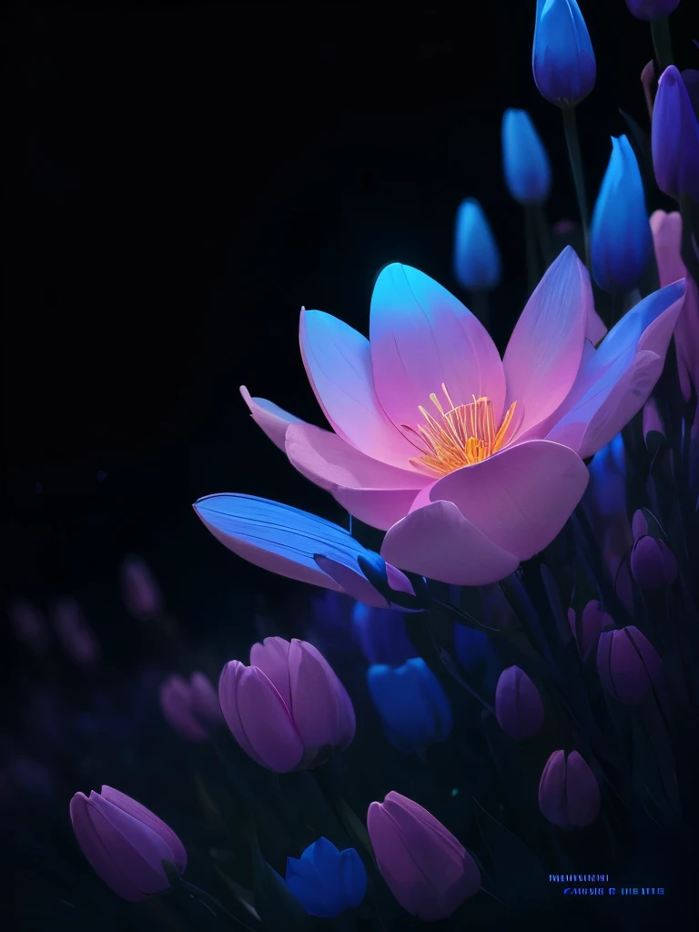 a purple flower with blue and pink flowers on a dark background, 🌺 cgsociety, glowing flowers, blue and pink colors, magical flowers, magical colorful flowers, wow it is beautiful, beautiful!!! digital art, beautiful gorgeous digital art, pink and blue colors, beautiful color art!, beautiful!!!!!!!!!, luminous flowers, glowing neon flowers, beautiful colours, beautiful colors, by Yang J