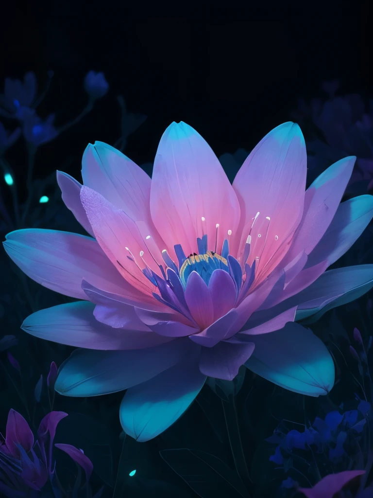 a purple flower with blue and pink flowers on a dark background, 🌺 cgsociety, glowing flowers, blue and pink colors, magical flowers, magical colorful flowers, wow it is beautiful, beautiful!!! digital art, beautiful gorgeous digital art, pink and blue colors, beautiful color art!, beautiful!!!!!!!!!, luminous flowers, glowing neon flowers, beautiful colours, beautiful colors, by Yang J