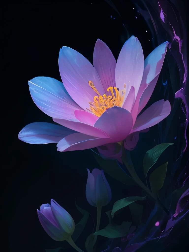 a purple flower with blue and pink flowers on a dark background, 🌺 cgsociety, glowing flowers, blue and pink colors, magical flowers, magical colorful flowers, wow it is beautiful, beautiful!!! digital art, beautiful gorgeous digital art, pink and blue colors, beautiful color art!, beautiful!!!!!!!!!, luminous flowers, glowing neon flowers, beautiful colours, beautiful colors, by Yang J