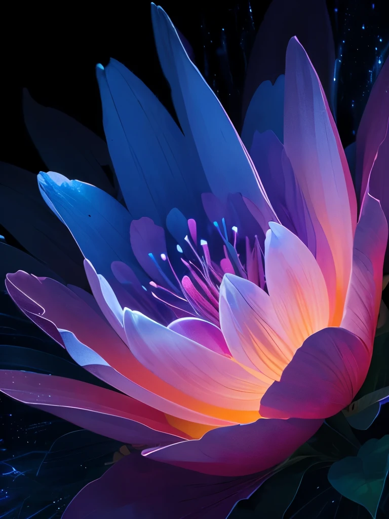 a purple flower with blue and pink flowers on a dark background, 🌺 cgsociety, glowing flowers, blue and pink colors, magical flowers, magical colorful flowers, wow it is beautiful, beautiful!!! digital art, beautiful gorgeous digital art, pink and blue colors, beautiful color art!, beautiful!!!!!!!!!, luminous flowers, glowing neon flowers, beautiful colours, beautiful colors, by Yang J