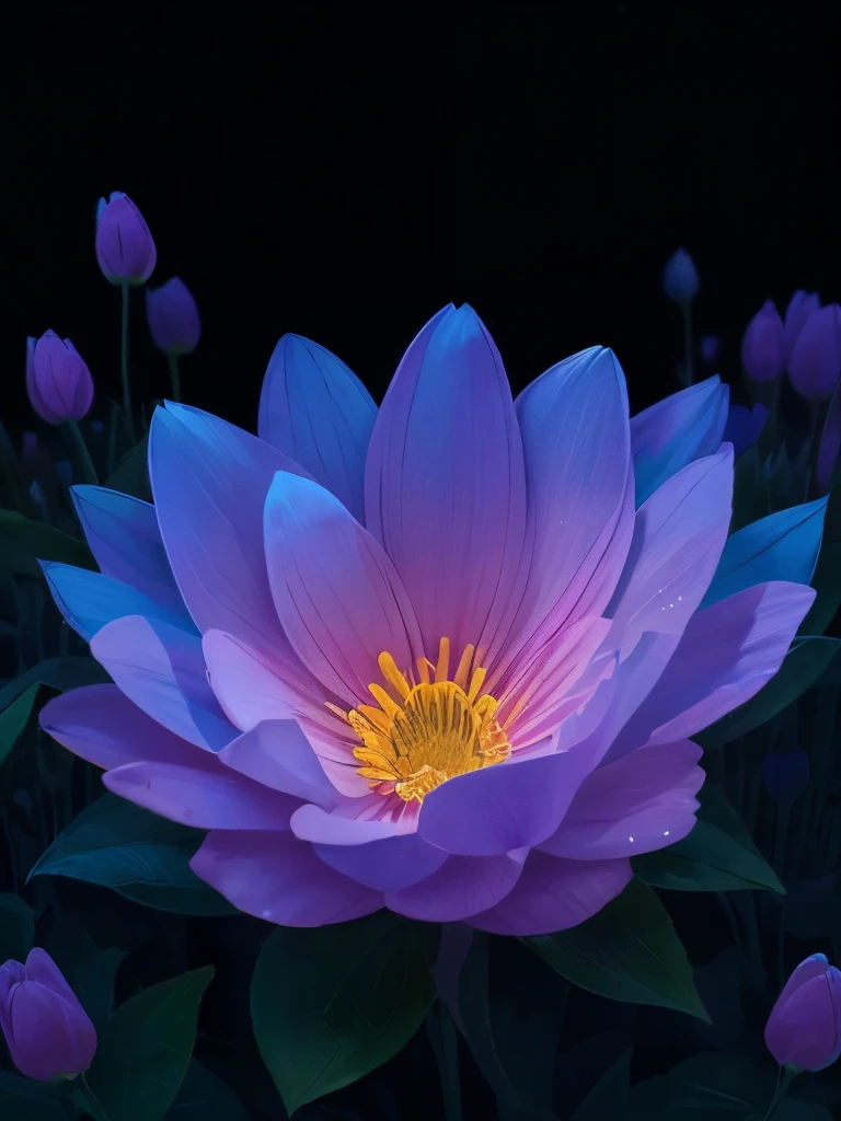 a purple flower with blue and pink flowers on a dark background, 🌺 cgsociety, glowing flowers, blue and pink colors, magical flowers, magical colorful flowers, wow it is beautiful, beautiful!!! digital art, beautiful gorgeous digital art, pink and blue colors, beautiful color art!, beautiful!!!!!!!!!, luminous flowers, glowing neon flowers, beautiful colours, beautiful colors, by Yang J