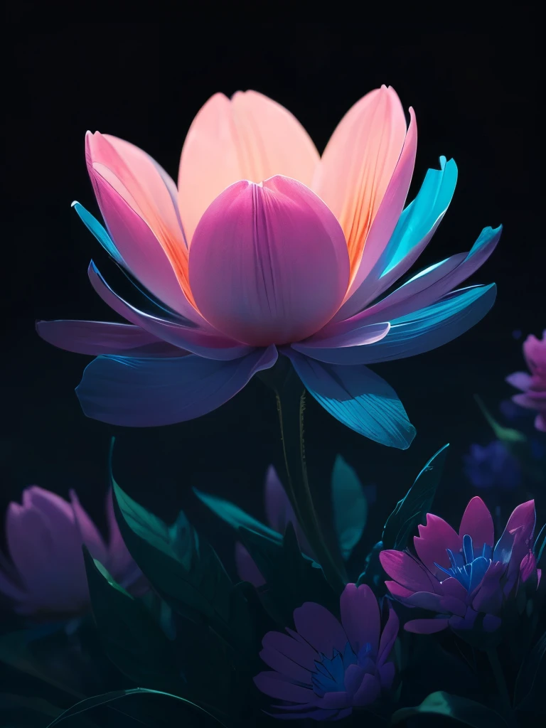 a purple flower with blue and pink flowers on a dark background, 🌺 cgsociety, glowing flowers, blue and pink colors, magical flowers, magical colorful flowers, wow it is beautiful, beautiful!!! digital art, beautiful gorgeous digital art, pink and blue colors, beautiful color art!, beautiful!!!!!!!!!, luminous flowers, glowing neon flowers, beautiful colours, beautiful colors, by Yang J