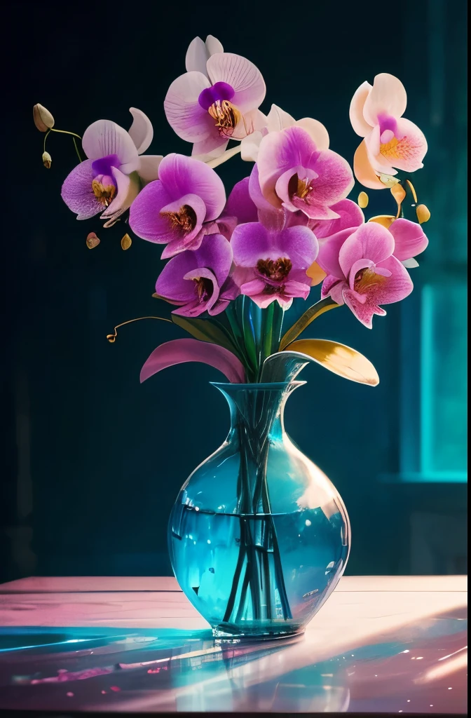 there are many flowers that are in a vase on the table, a pastel by Hans Werner Schmidt, flickr, fine art, moth orchids, orchid, orchids, chromostereopsis, her face looks like an orchid, blue and pink colors, magical colorful flowers, large exotic flowers, wonderfully colorful, orchid made of mother of pearl, unbelievably beautiful, dayglo pink and blue