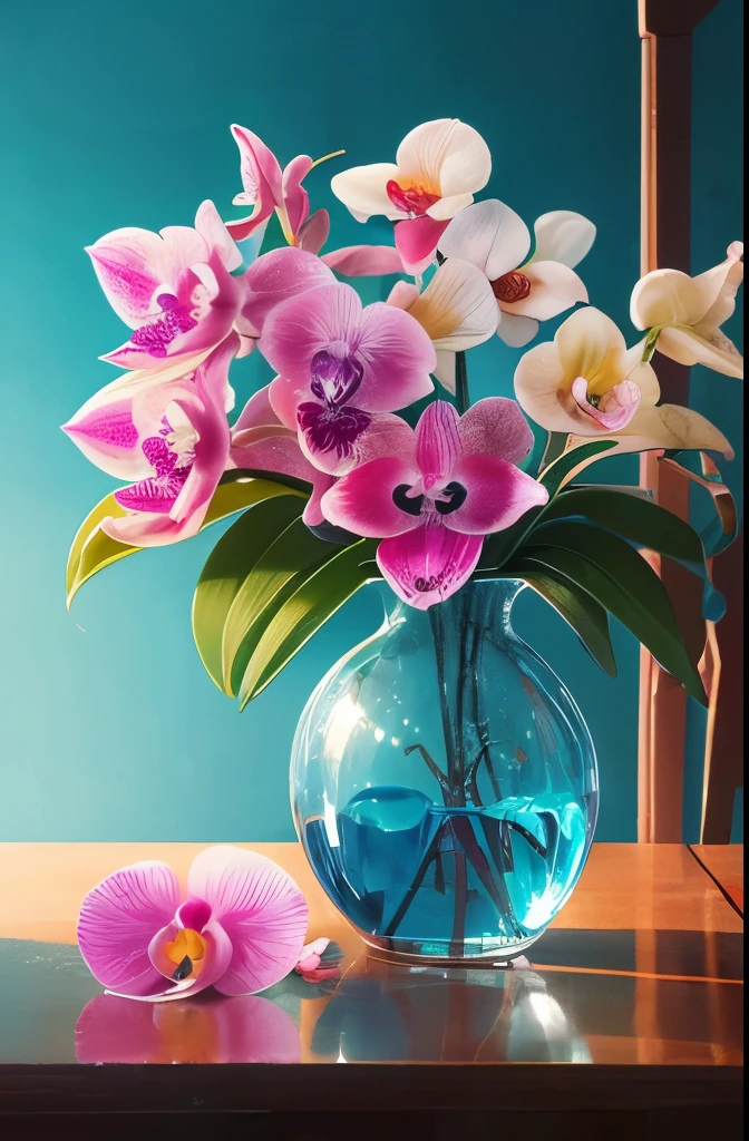 there are many flowers that are in a vase on the table, a pastel by Hans Werner Schmidt, flickr, fine art, moth orchids, orchid, orchids, chromostereopsis, her face looks like an orchid, blue and pink colors, magical colorful flowers, large exotic flowers, wonderfully colorful, orchid made of mother of pearl, unbelievably beautiful, dayglo pink and blue