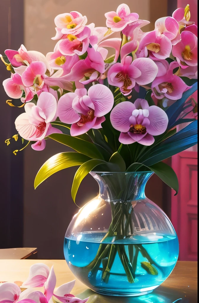 there are many flowers that are in a vase on the table, a pastel by Hans Werner Schmidt, flickr, fine art, moth orchids, orchid, orchids, chromostereopsis, her face looks like an orchid, blue and pink colors, magical colorful flowers, large exotic flowers, wonderfully colorful, orchid made of mother of pearl, unbelievably beautiful, dayglo pink and blue