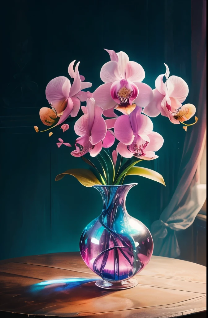 there are many flowers that are in a vase on the table, a pastel by Hans Werner Schmidt, flickr, fine art, moth orchids, orchid, orchids, chromostereopsis, her face looks like an orchid, blue and pink colors, magical colorful flowers, large exotic flowers, wonderfully colorful, orchid made of mother of pearl, unbelievably beautiful, dayglo pink and blue