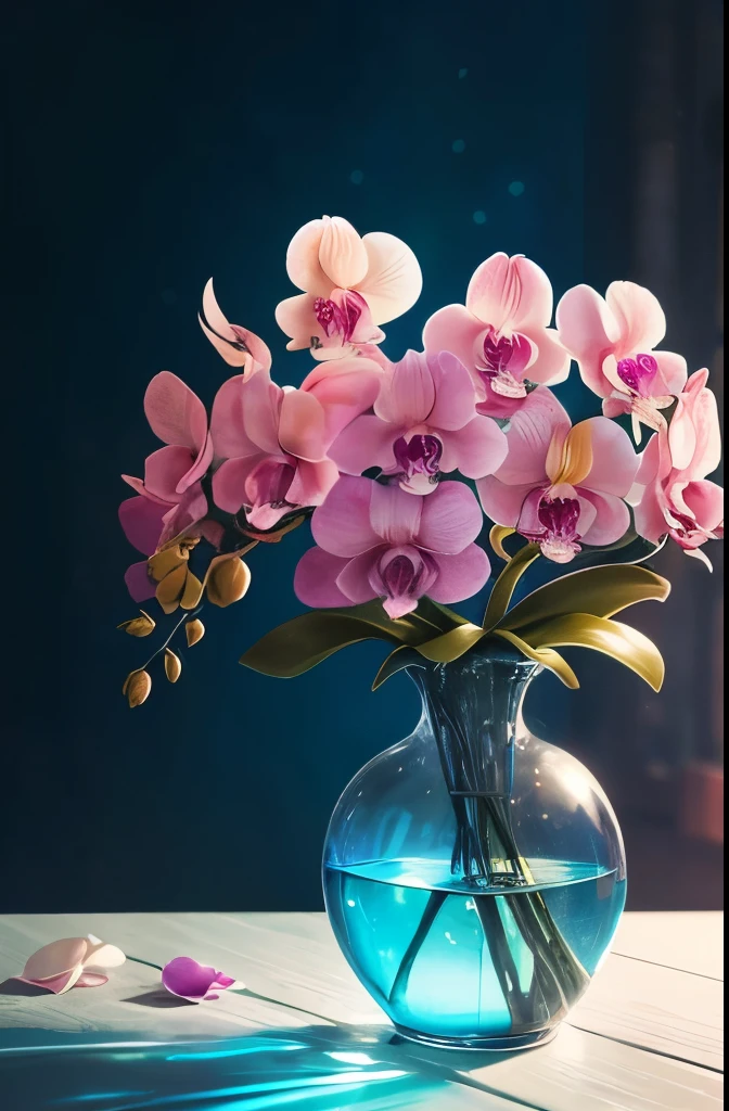 there are many flowers that are in a vase on the table, a pastel by Hans Werner Schmidt, flickr, fine art, moth orchids, orchid, orchids, chromostereopsis, her face looks like an orchid, blue and pink colors, magical colorful flowers, large exotic flowers, wonderfully colorful, orchid made of mother of pearl, unbelievably beautiful, dayglo pink and blue