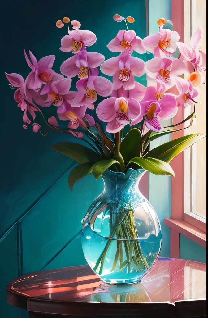 there are many flowers that are in a vase on the table, a pastel by Hans Werner Schmidt, flickr, fine art, moth orchids, orchid, orchids, chromostereopsis, her face looks like an orchid, blue and pink colors, magical colorful flowers, large exotic flowers, wonderfully colorful, orchid made of mother of pearl, unbelievably beautiful, dayglo pink and blue