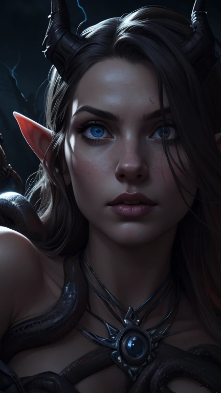 a young and delicate female elf trapped by a tentacle creature,1girl,detailed face,beautiful detailed eyes,beautiful detailed lips,elegant fantasy elf,horns,long hair,detailed intricate clothing,tentacles,dark fantasy,dramatic lighting,moody atmosphere,cinematic,highly detailed,8k,photorealistic,masterpiece