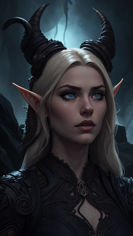 a young and delicate female elf trapped by a tentacle creature,1girl,detailed face,beautiful detailed eyes,beautiful detailed lips,elegant fantasy elf,horns,long hair,detailed intricate clothing,tentacles,dark fantasy,dramatic lighting,moody atmosphere,cinematic,highly detailed,8k,photorealistic,masterpiece