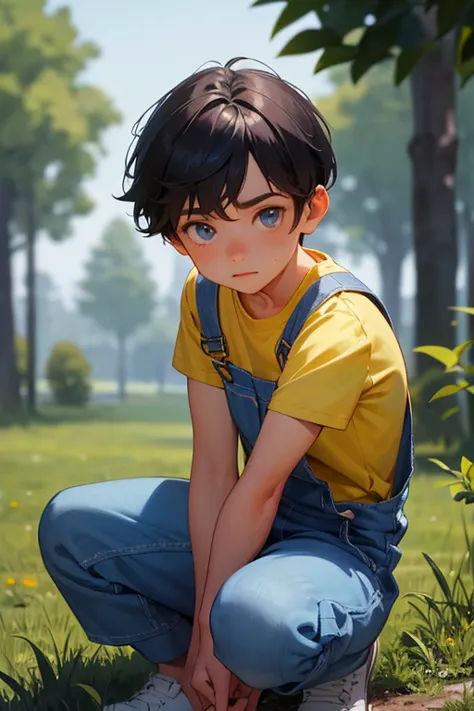 1boy, young little british boy in overalls with shorts and a yellow shirt underneath, dynamic knee poses, glowing blue eyes, out...