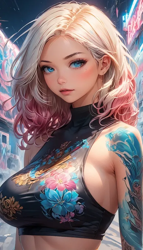 a tattoo artist with blue tattoos and flowers on her skin, in the style of futuristic fantasy, intense gaze, oil portraitures, l...