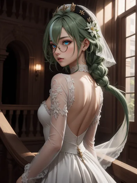 1girl,sucrosedef,green hair, glasses,
break (sheer white wedding dress,veil ,lace sleeves,big long tail:1.2)
break casino, 
brea...