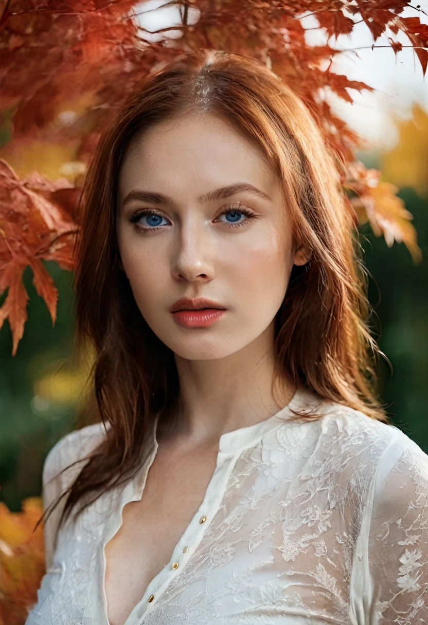 "(Ultra resolution 8K), The best possible image, beautiful woman, redhead, beautiful face, beautiful face, blue eyes , fine rostrum, very delicate face, White skin, Caucasian European, bodycon suit, sexy red suit" dreamy background, autumn light