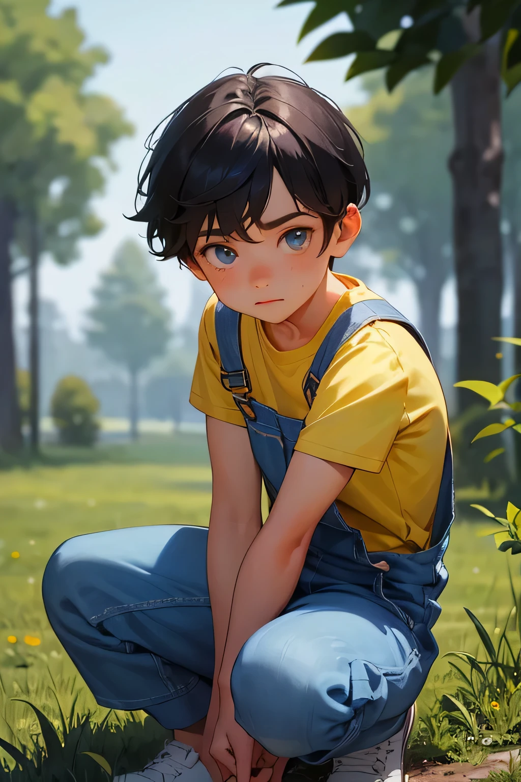 1boy, young little british boy in overalls with shorts and a yellow shirt underneath, dynamic knee poses, glowing blue eyes, outdoor, close-up