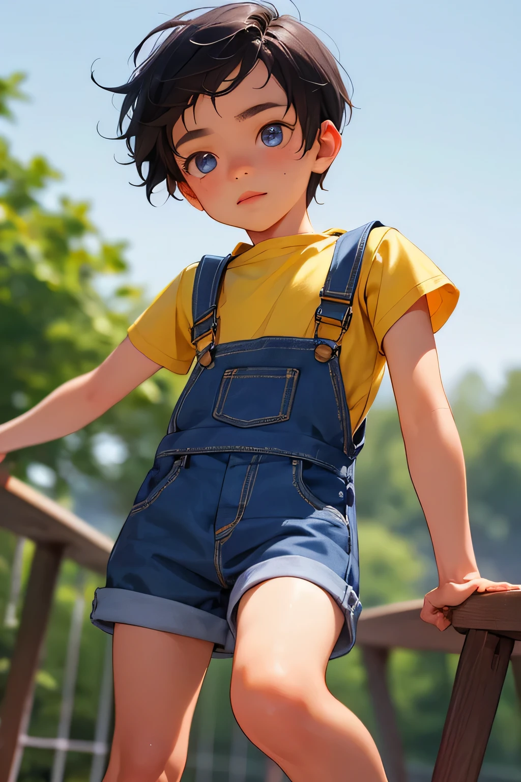 1boy, young little british boy in overalls with shorts and a yellow shirt underneath, dynamic knee poses, glowing blue eyes, outdoor, close-up