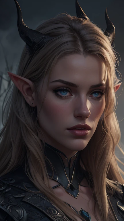 a young and delicate female elf, 1girl, detailed face, beautiful detailed eyes, beautiful detailed lips, elegant fantasy elf, horns, long hair, detailed intricate clothing, tentacles, dark fantasy, dramatic lighting, moody atmosphere, cinematic, highly detailed, (best quality,4k,8k,highres,masterpiece:1.2),ultra-detailed,(realistic,photorealistic,photo-realistic:1.37)