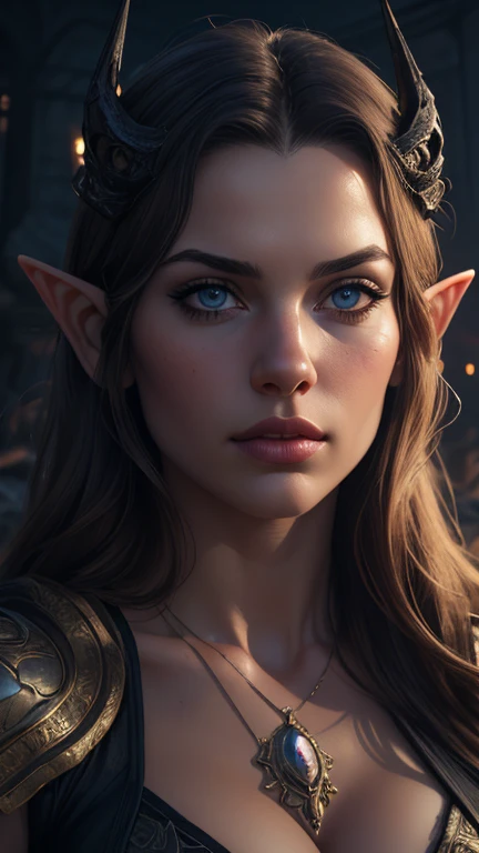 a young and delicate female elf, 1girl, detailed face, beautiful detailed eyes, beautiful detailed lips, elegant fantasy elf, horns, long hair, detailed intricate clothing, tentacles, dark fantasy, dramatic lighting, moody atmosphere, cinematic, highly detailed, (best quality,4k,8k,highres,masterpiece:1.2),ultra-detailed,(realistic,photorealistic,photo-realistic:1.37)