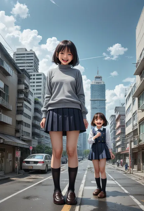 巨大なchild、super giant girl、child、girl、giantess、realistic、japanese women、navy blue grey sweater、beautiful face、model、navy skirt、gr...