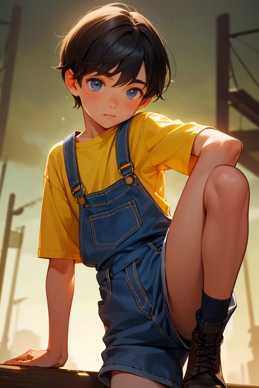 1boy, young little british boy in overalls with shorts and a yellow shirt underneath, dynamic bending on knee poses, glowing blue eyes, outdoor, close-up