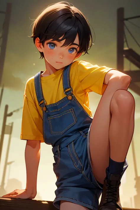 1boy, young little british boy in overalls with shorts and a yellow shirt underneath, dynamic bending on knee poses, glowing blu...